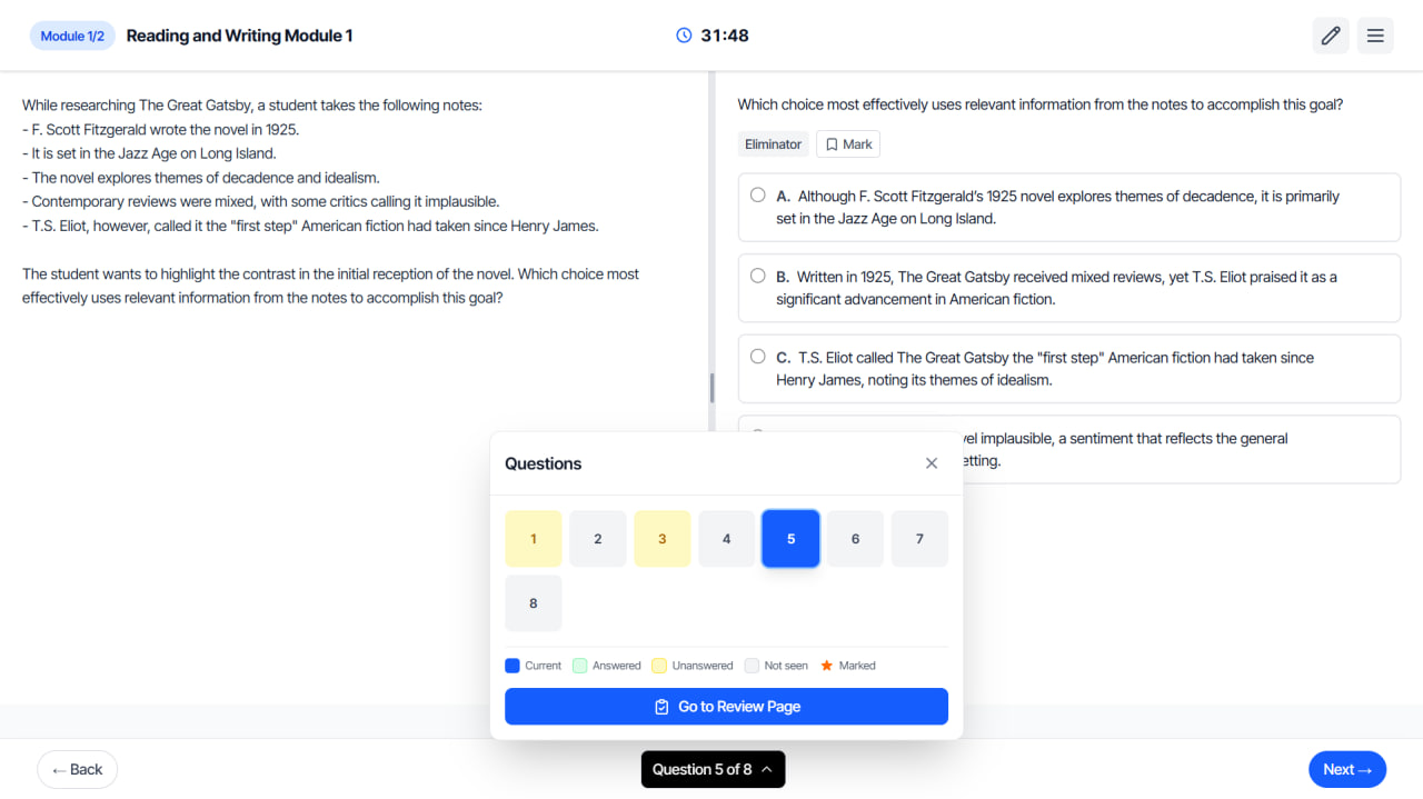 SAT Practice Interface